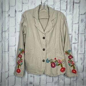 Caite Embroidered Linen Blazer Size L Beige Tan Floral Boho Western Cowgirl
